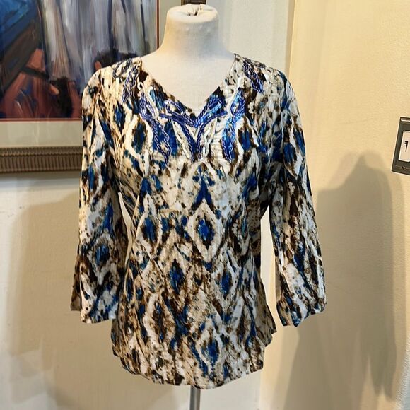 Chico’s Blue/Brown Patterned Tunic w/ Sequin Embellishments Size Large-2 - Picture 6 of 11